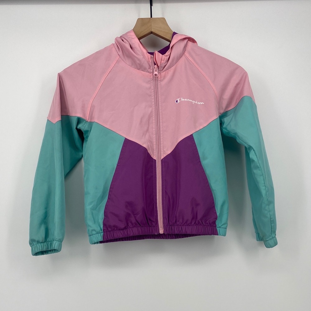 Champion Windbreaker Jacket S Pink Teal Purple Colorblock Hooded Good